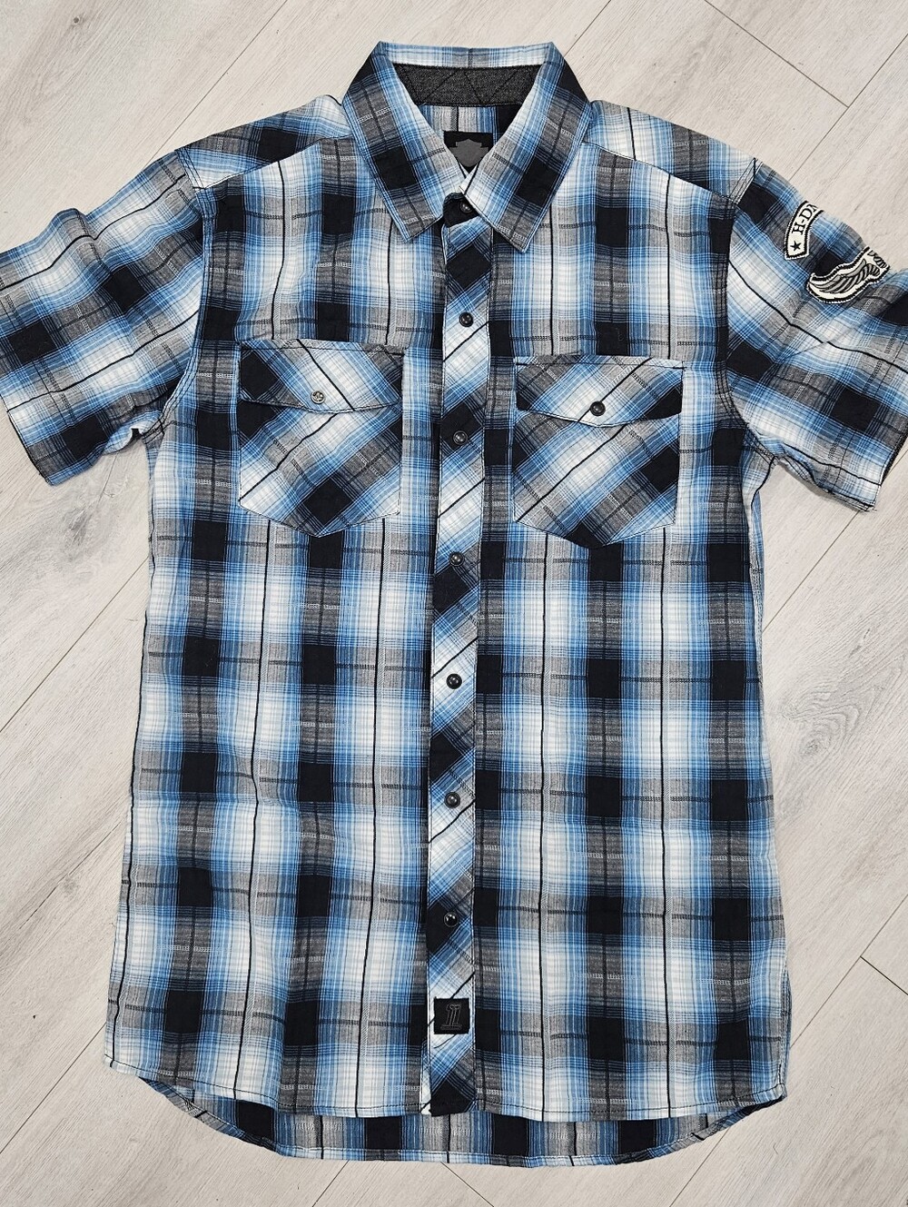 VTG Harley Davidson Blue Black Plaid Snap Shirt Logo Patch Short Sleeve Cotton